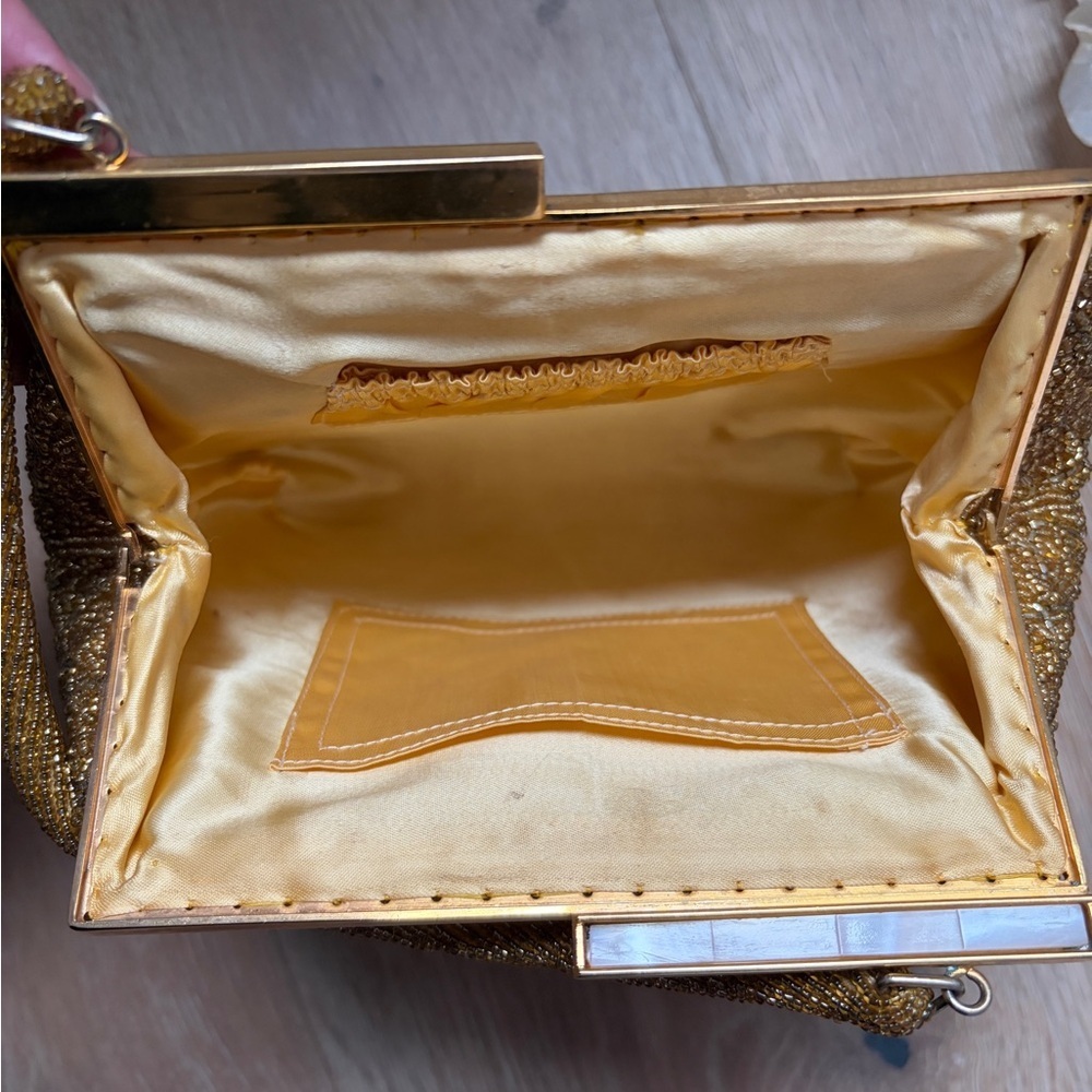Vintage Gold Beaded Evening Bag Top Handle Purse 1950s Frame Clasp Formal *S23 - Picture 3 of 5
